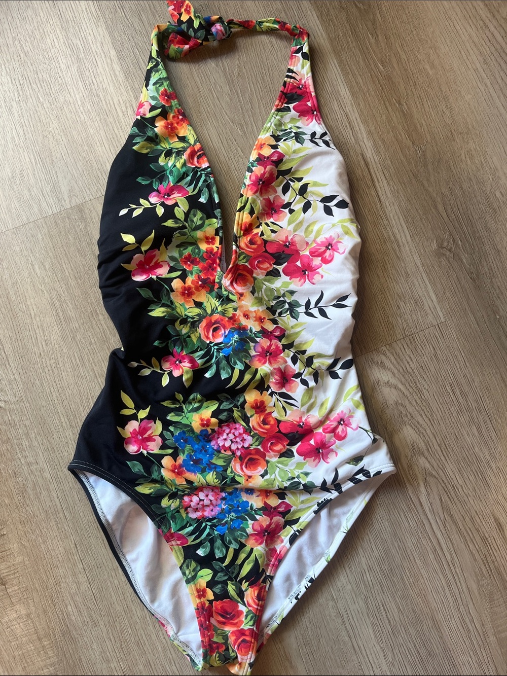 Johnny Was White and Black Lined Floral Swimwear with Red & Green Accents